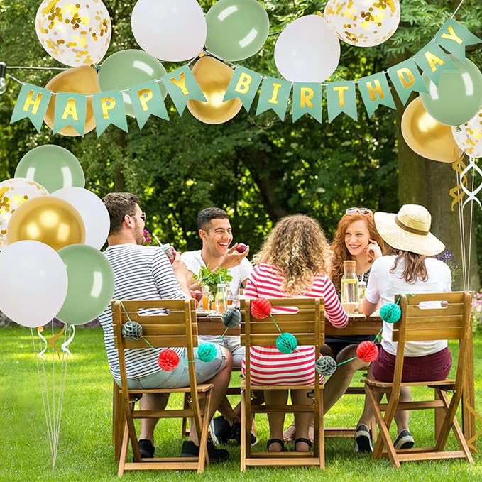 Happy Birthday Banner, Green Birthday Decoration, 16 Pcs 12in Happy Birthday Balloons with 2 Ribbons for Men Women Girls and Boys Birthday Party Decoration