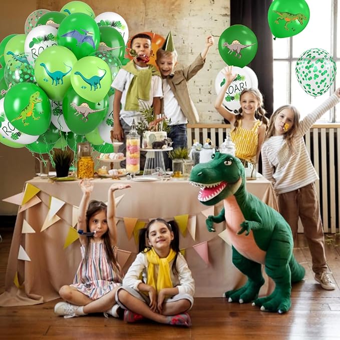 Dinosaur Balloons, 12 Inch Fruit Lime Dark Green White Confetti Balloons with Dinosaur Printed Pattern for Boys Jungle Theme Birthday Party Safari Woodland Baby Shower Decorations
