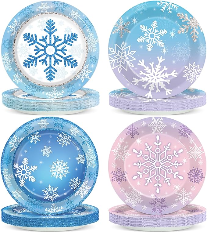 Wiooffen 80Pcs Winter Plates Snowflake Wonderland Party Tableware Decorations Winter Snowflake 7'' Paper Cake Dessert Dinner Plates for Christmas Xmas Holiday Party Supplies