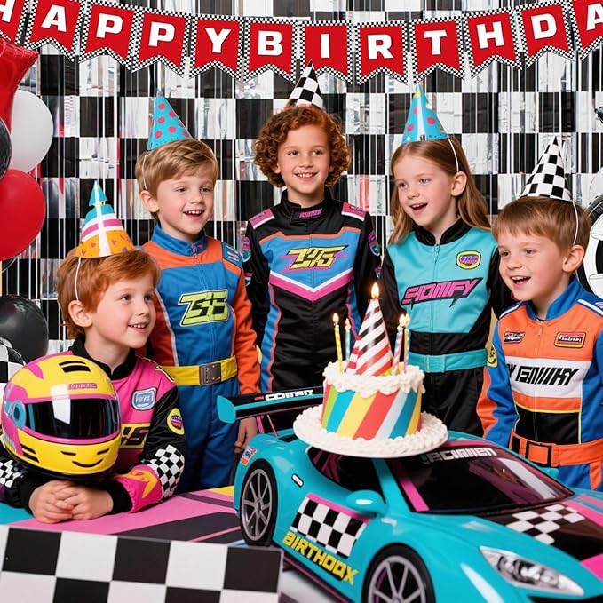 Race Car Birthday Party Decoration, 1 Pack Race Car Party Backdrop Photo Booth Prop, Black and Silver Checkered Fringe Curtains Tinsel Photo Streamers for One Happy Dude Race Car Theme Party Supplies