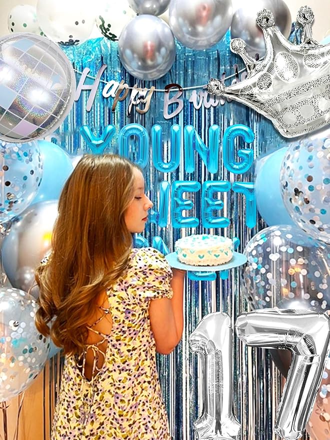 Silver Blue Young and Sweet Only 17 Birthday Decoration Young and Sweet Only 17 Banner Dancing Queen 17 Decoration Disco Balloons Rose Gold Birthday Banner Crown Queen Balloons