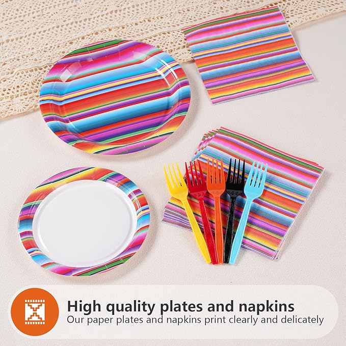 96 Pcs Mexican Fiesta Party Supplies Colorful Stripes Mexican Plates and Napkins Disposable Fiesta Tableware Set for Cinco De Mayo Dance Pinata Taco Carnival Mexican Theme Party Decorations Serves 24