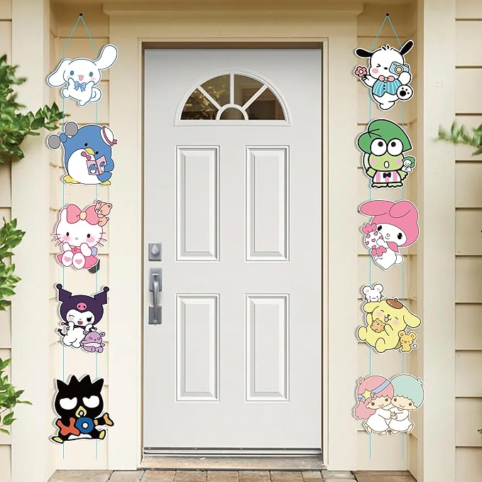Kawaii Birthday Party Supplies - 10 Pcs Theme Cartoon Porch Sign - Room Door Decoration Porch Hanging Banner Wall Decorations for Indoor Outdoor Decoration