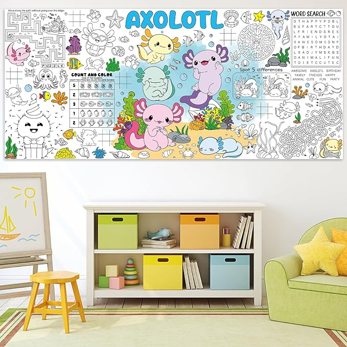 Naozinebi Axolotl Giant Coloring Poster for Kids Axolotls Large Coloring Tablecloth Big Paper Sheets Page Axolotl Theme Table Cloth DIY Activity Game Art Crafts Mat Wall Home Party Decoration Supplies