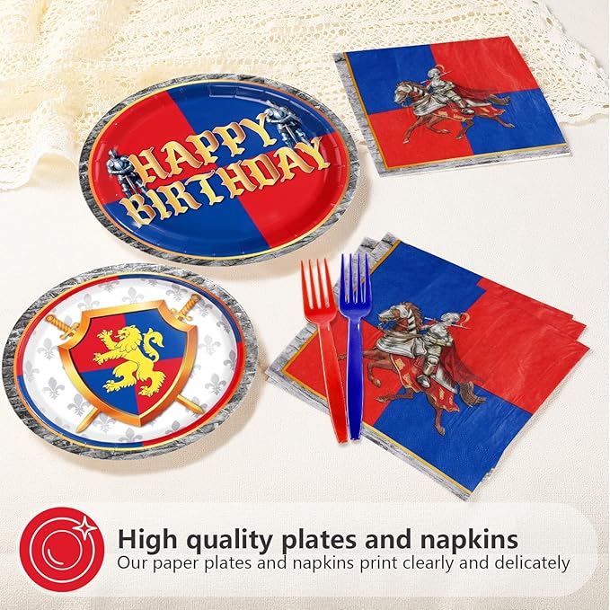96Pcs Medieval Fantasy Birthday Party Decorations with Lion Knight Medieval Plates and Napkins Sets Castle Birthday Decorations for Boys Girls Dragon Theme Castle Celebration Party Supplies Serves 24