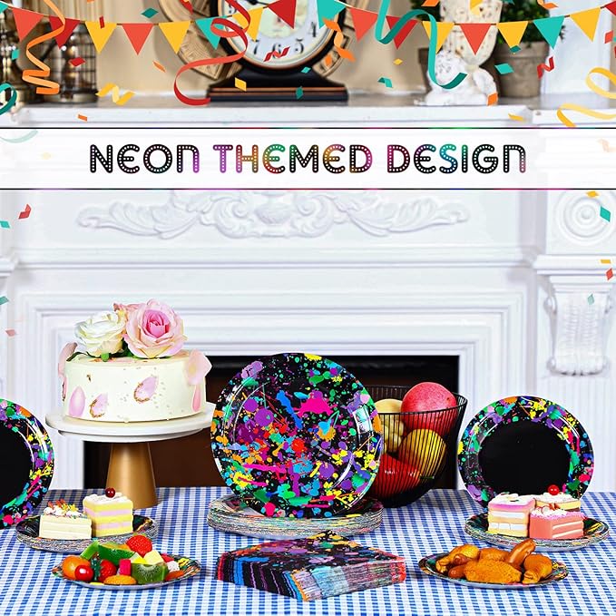 Baderke 48 Pcs 9 Inch and 7 Inch Neon Plates Glow in The Dark Party Supplies Paper Neon Disposable Plates Colorful Tableware for Birthday Wedding Baby Shower