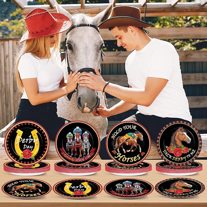 48Pcs Derby Day Party Paper Plates for Horse Racing Themed Party Supplies 7" Kentucky Horse Racing Day Party Disposable Dessert Roses Plates for Derby Horse Race Run Talk Derby to Me Party Decorations