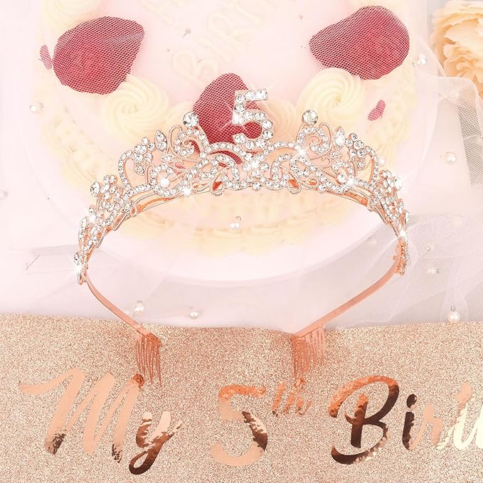 Semato 5th Birthday Decorations for Girl Sash and Crown Kit Rose Gold 5 Year Old Girl Birthday Gifts for Her Party Supplies