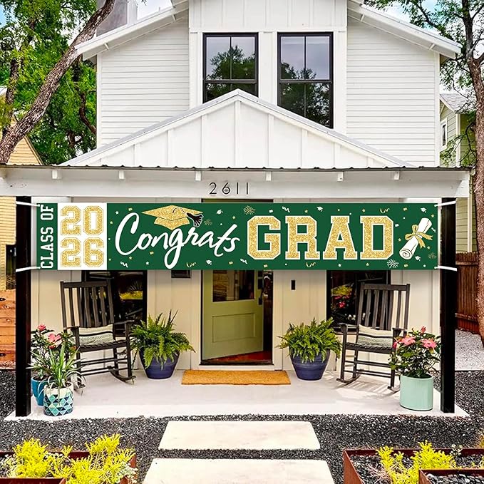 Graduation Banner Class of 2026 - Large Congrats Grad Yard Sign 2026 Green Gold Congrats Grad Banner Fence Yard Sign for Graduation Decorations Party Supplies