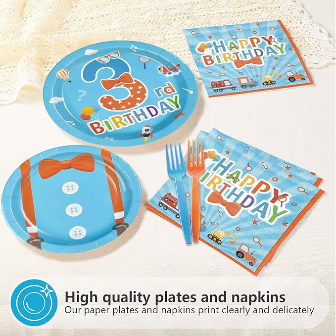 96Pcs Blue Orange 3rd Birthday Decorations Cartoon English Teacher Plates and Napkins Cartoon Theme Third Birthday Decorations Favors for Kids Three Years Old Back to School Party Supplies Serves 24