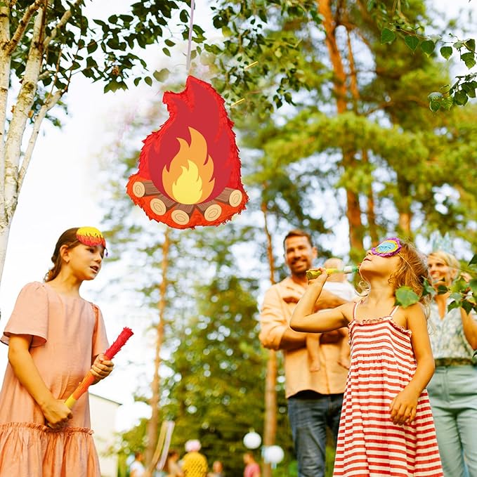 Camping Campfire Pinata with Stick and Blindfold Fake Flame Pinata for Boys Girls Kids Christmas Birthday Party Supplies Camping Adventure Party Photo Props Decorations
