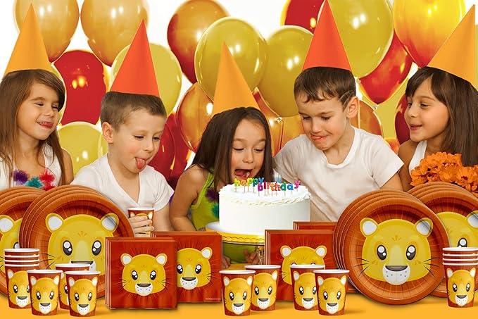 Birthday Galore Lion King Jungle Animal Party Supplies - Safari Lion Animal Party Tableware Set for 16 Guests - Includes Plates, Napkins and Cups - Orange, Cartoon