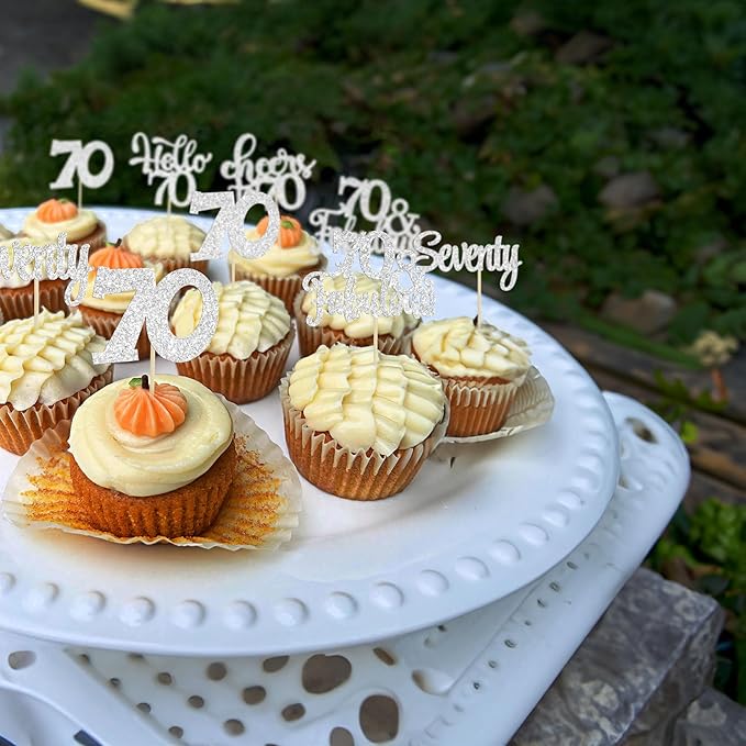 30Pcs Happy 70th Birthday Cupcake Toppers Seventy Cheers to 70 Years Old Birthday Cupcake Picks for 70th Birthday Anniversary Party Cake Decorations Supplies Silver Glitter