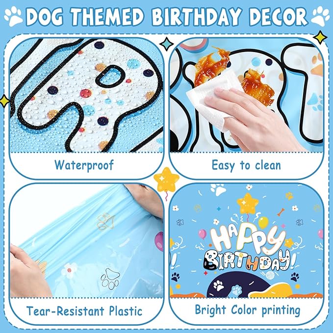 Oudain 3 Pack Blue Dog Party Tablecloth Dog Them Birthday Decor 108'' × 54'' Blue Yellow Plastic Table Cloth Puppy Paw Prints Bone Disposable Rectangle Table Cover for Baby Shower Party Supplies