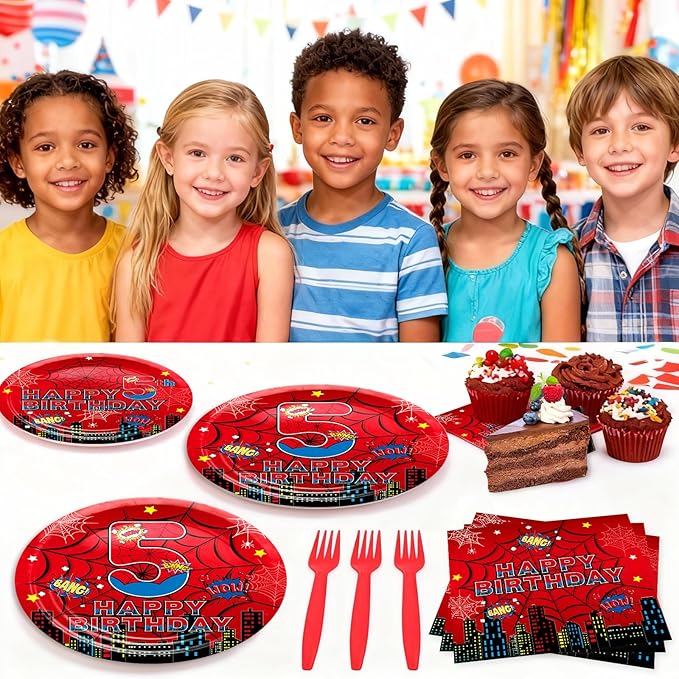 Red Spider 5th Birthday Party Supplies, Spider Web Birthday Plates Set Include Paper Plates, Napkins, Forks for Spider Themed Party Favors