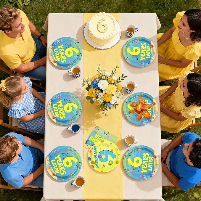 96Pcs Yellow Cartoon Party Supplies 6th Birthday Plates and Napkins Blue Yellow Ocean Disposable Paper Tableware for adults Underwater Birthday Party Supplies Serves 24