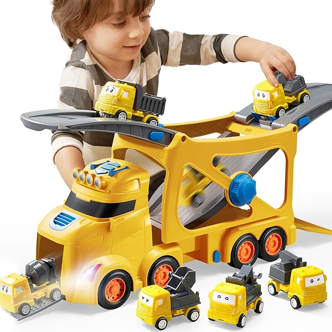 JOVA Extra Large Toy Trucks for Toddlers, 3-Layer Construction Trucks for Boys, 7-in-1 Big Carrier Truck with Siren & Lights and 6 Toy Cars, Birthday Gifts for Boys Kids