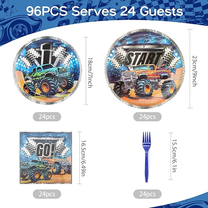 96Pcs Monster Truck Plates Party Supplies,Monster Jam Paper Plates and Napkins and Forks for 24 Guests Picnic Kids Birthday Party Decorations