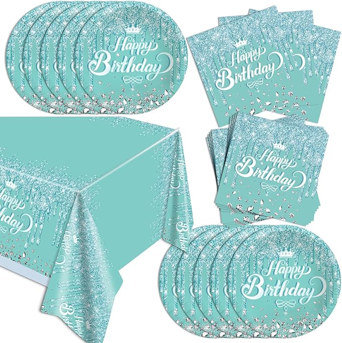 41pcs Teal and Silver Party Decoration,include 20pcs 7inch dessert plate,20pcs Napkin and 1pcs Tablecloth,Used for Blue and Silver Glitter Birthday Party Supplies
