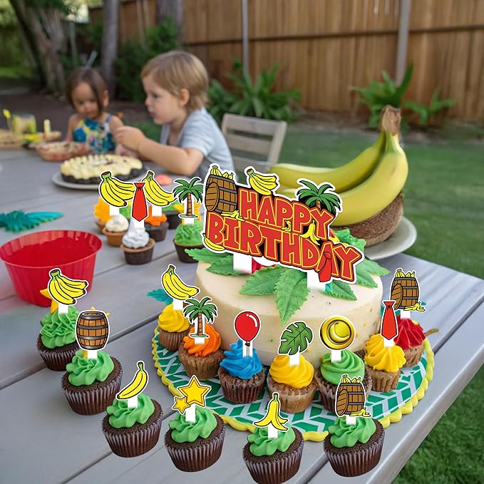 HOMEZZO Jungle Theme Cupcake Toppers Set, 25 PCS Tropical Banana Barrel Picks for Safari Baby Shower Kids Birthday Party Supplies