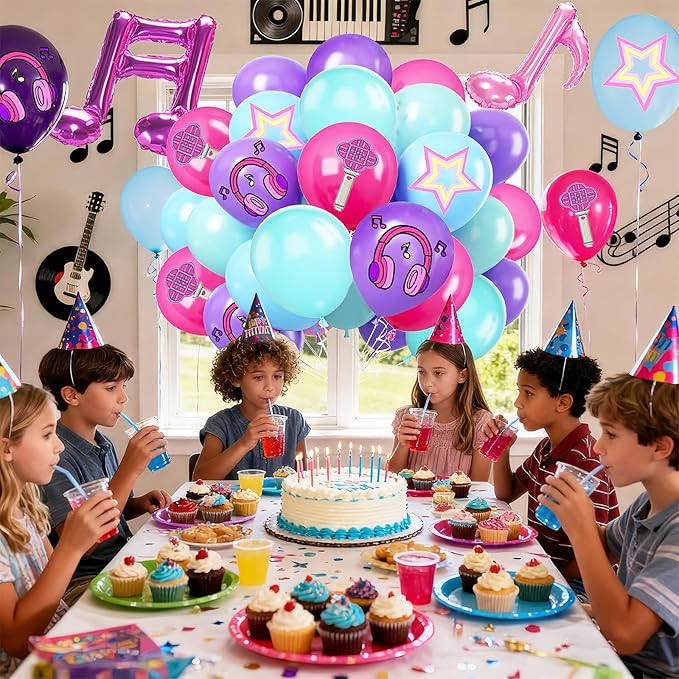 Purple Blue Pink Balloon 52pcs 12 Inch, Cute Musical Symbols Print Balloons For Cartoon Magical Music Themed Birthday Party Decorations Boys Girls Gatherings Party Supplies