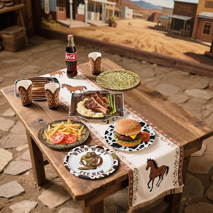 60 Pcs Western Cowboy Party Plates, 9'' Wild West Theme Print Plates for Cowboy Baby Shower Decorations Western Party Decorations
