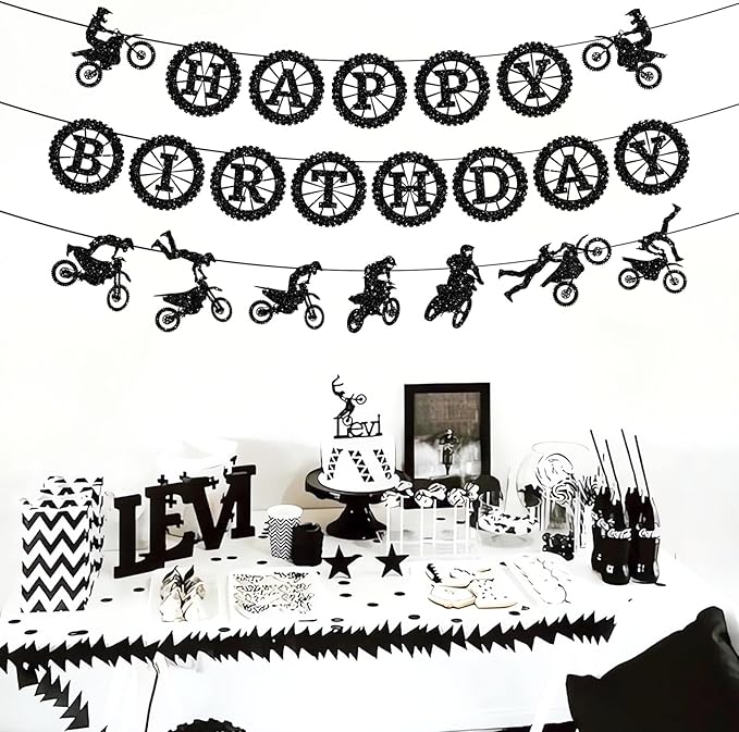 Pre-Strung Dirt Bike Birthday Party Decorations, NO DIY Glitter Happy Birthday Banner, Sick Motocross Stunt Decor Motocross Themed Party Supplies