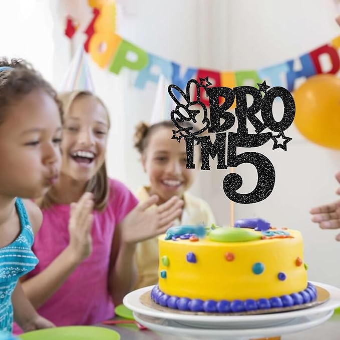 1 PCS Brother I'm 5 Cake Topper Glitter Star Happy 5th Birthday Cake Pick Bro I'm 5 Cake Decoration It's My 5th Birthday Decorations for Boys Cheers to 5 Years Old Birthday Party Supplies Black