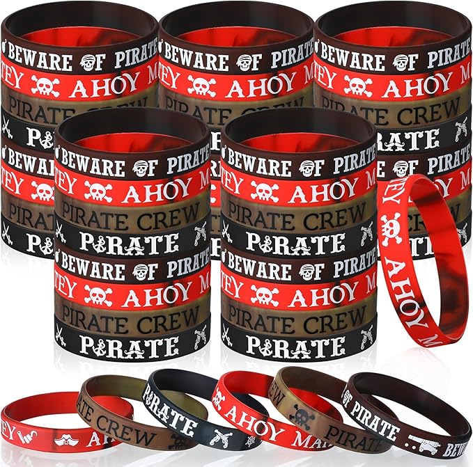 Capoda 72 Pcs Pirate Silicone Bracelets Ahoy Matey Caribbean Rubber Wristbands Skull Pirate Ship Party Favors for Girls Boys Birthday Decorations Halloween Party Supplies