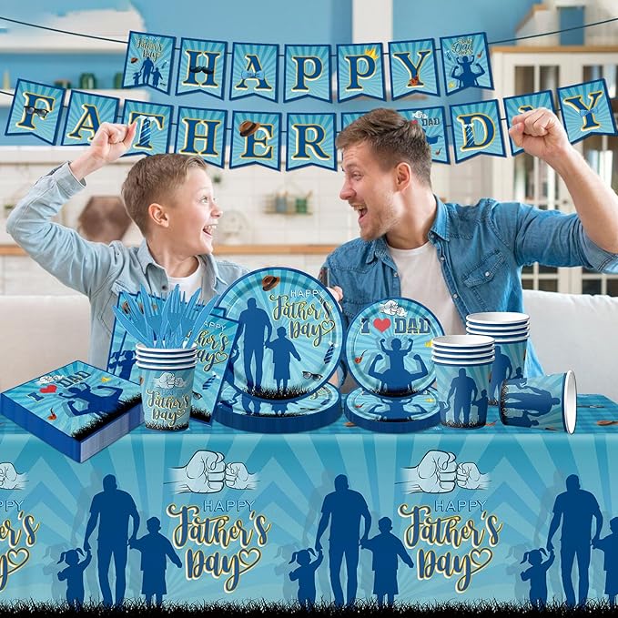 Fathers Day Decoration-Happy Fathers Day Plates and Napkins Kit Blue I Love Dad Tableware for Father Day Party Decoration