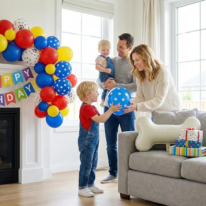 106Pcs Puppy Theme Birthday Decorations for Boys, Red Blue Yellow Balloon Garland Arch Kit with Dog Bone and Paw Print Foil Balloons for Kids Rescue Pet Animal Themed Baby Shower Party Supplies