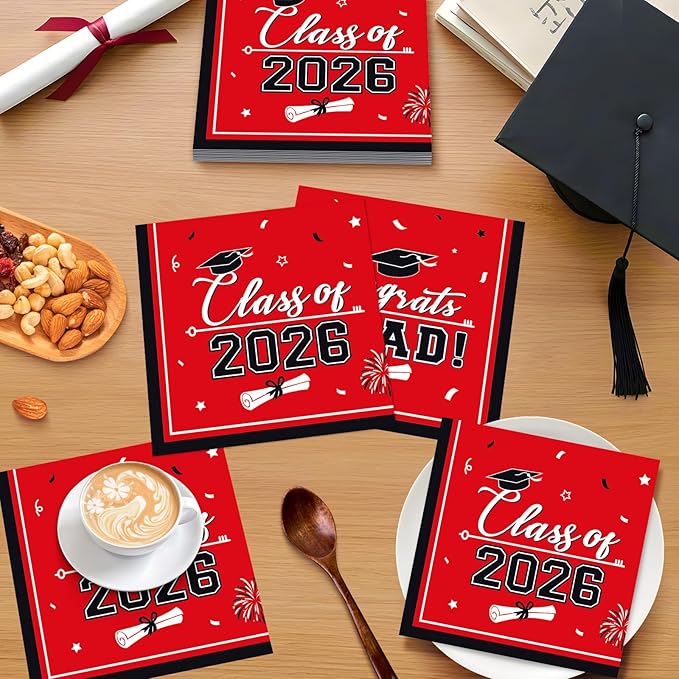 50 Pcs Graduation Napkins Class of 2026 - Red Congrats Grad Napkins Set, 3-Ply Disposable Graduation Luncheon Dinner Party Paper Napkins for Grad Party Supplies Table Decoration