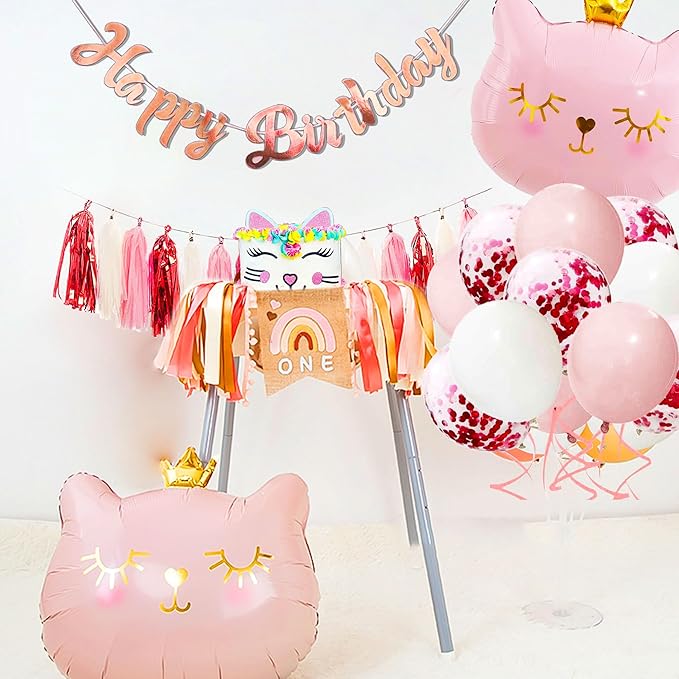 Cat Birthday Party Decoration Kitty Cat Balloons Cat Kitty Birthday MEOW Banner Meow Party Supplies Pink Cat Kitty Cake Decoration