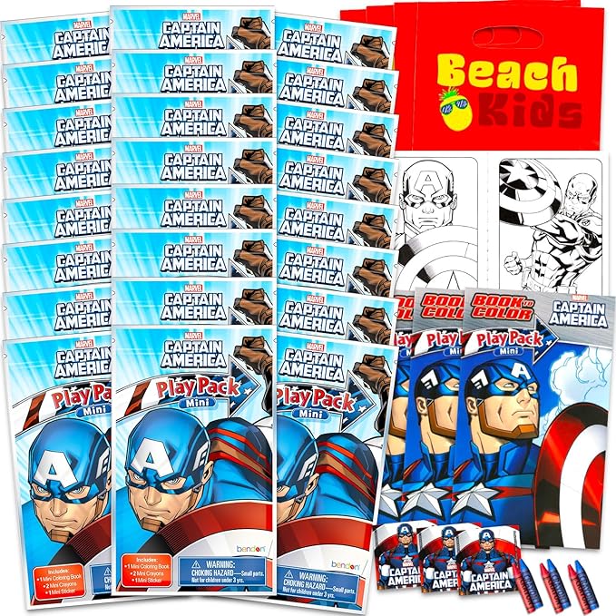 Marvel Captain America Mini Party Favors Set for Kids - Bundle with 24 Mini Captain America Grab n Go Play Packs with Coloring Pages, Stickers and More (Avengers Birthday Party Supplies)