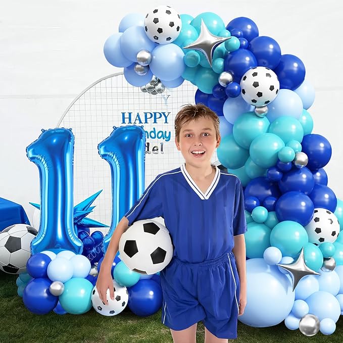 11th Birthday Soccer Party Decoration for Boys, 11th Soccer Birthday Balloons Arch with Royal Blue Teal Light Blue Balloon Garland Kit Large Number 11 Balloon for 10th Football Birthday Party Supply