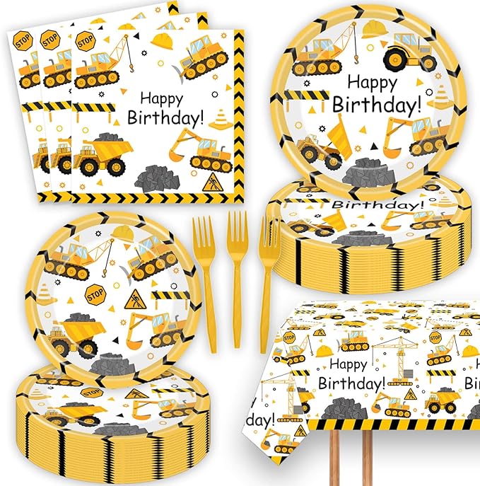 51 Pcs Construction Birthday Party Supplies Dump Truck Tablecloth Paper Plates Napkins Forks Dinnerware for Construction Baby Shower 1st 2nd 3rd 4th Birthday Party Supplies Decorations