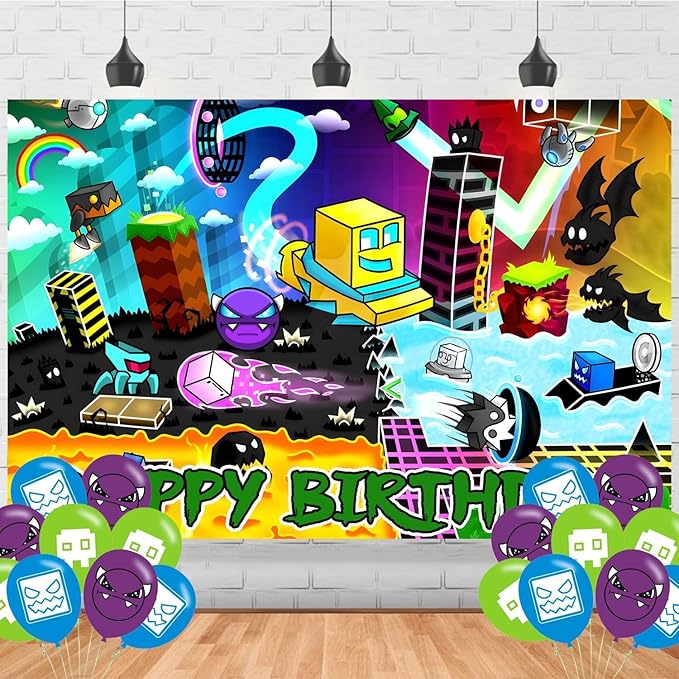 Geometry Aesthetic Dash Birthday Decorations,Geometry Aesthetic Dash Backdrops for Party Decorations Supplies,Cartoon Game Happy Birthday Banner Backdrop for Party Supplies (5x3ft)