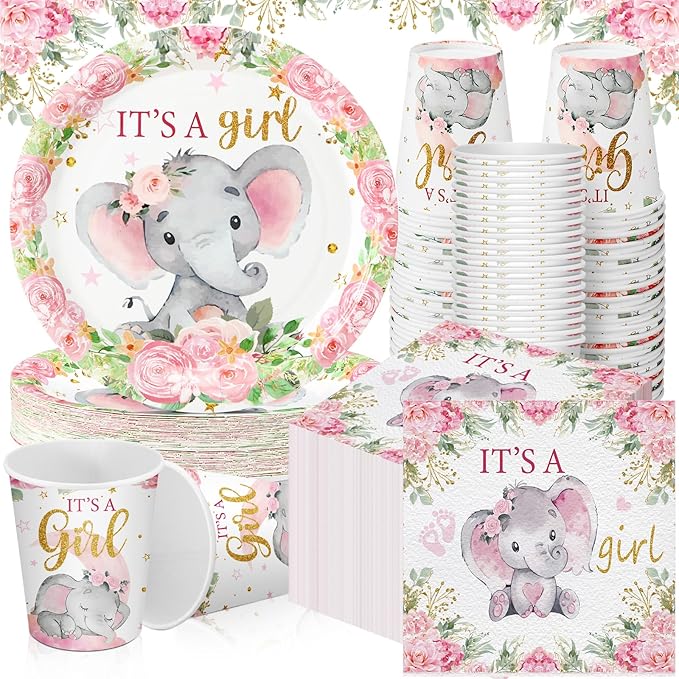 Hushee 200 Pcs Pink Elephant Baby Shower Paper Plates Napkins Cups It's A Girl Baby Shower Party Supplies Tableware Set Pink Disposable Cup Napkin for 50 Guest Spring Party Decoration