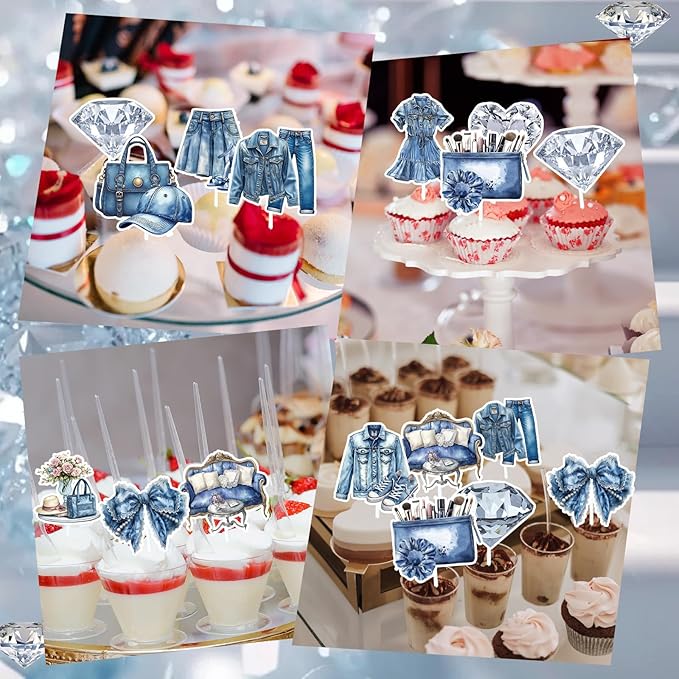 Denim and Diamonds Party Decorations - 24PCS Denim and Diamonds Cupcake Toppers Birthday Decoration Jacket Jeans Cupcake Picks Decor Baby Shower Supplies