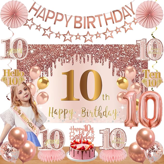 10th Birthday Decorations for Girls, Pink Rose Gold Happy 10 years old Birthday Banner Backdrop Balloons Sash Table Cake Topper Honeycomb Centerpieces Hanging Swirls Paper Fans Party Supplies