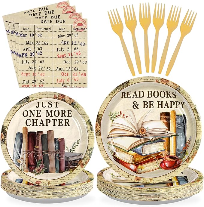 Grencian 96Pcs Book Theme Party Decorations Vintage Book Plates and Napkins Disposable Books Club Paper Tableware Set for Books Club Library Reading Theme Birthday Party Supplies, Serves 24