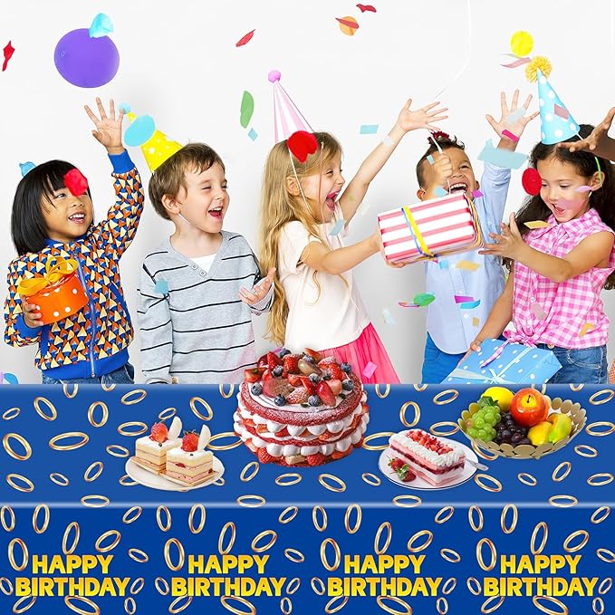 3 Pcs Blue with Gold Ring Print Plastic Tablecloth 108 x 51.2 Inches Table Cover Blue with Gold Ring Party Decor for Boys Girls Birthday Party Supplies