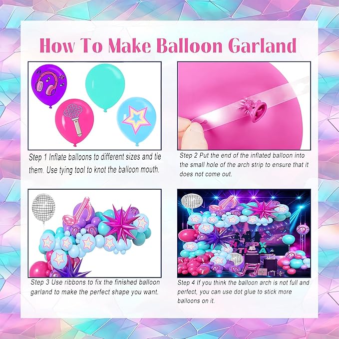 126 Piece Purple Blue And Pink Balloon Arch Kit, With Musical Symbols Print Balloons For Cartoon Magical Music Themed Birthday Party Decorations, Boys And Girls Gatherings Party Supplies