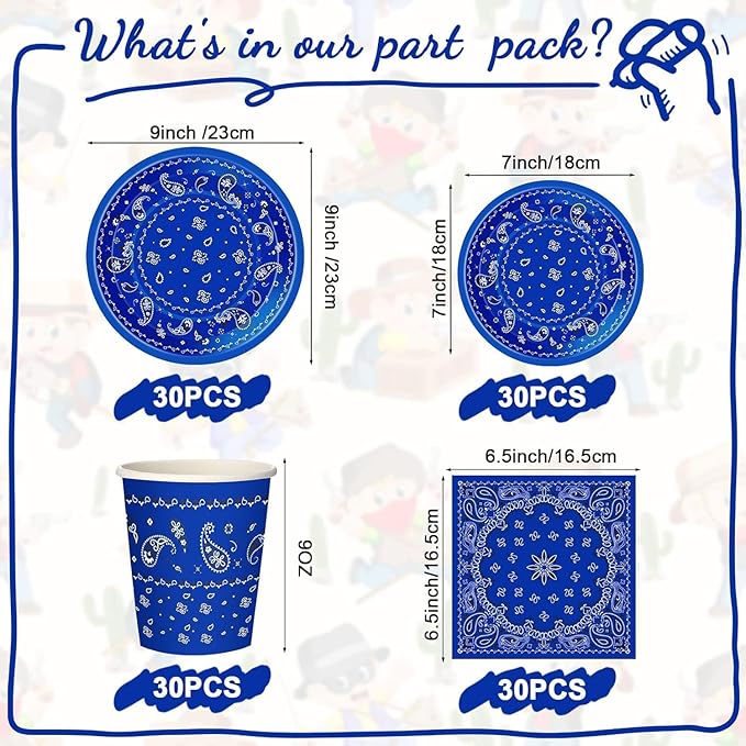 123 Pcs Western Cowboy Party Decorations, Wild West Birthday Decorations Tableware Set, Cups, Plates, Napkins, Banner & Tablecloth for Cowboy Themed Party Ideal for Bbqs, Baby Showers(Blue)