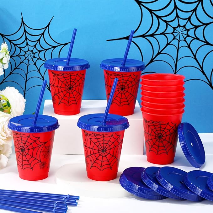 12 Pcs 16 oz Spider Cups Bulk, Spider Birthday Party Favors Cups with Lids and Straws, Plastic Cup for Birthday Party Decorations Celebration Birthdayy Partty Favor Supplies for Friends
