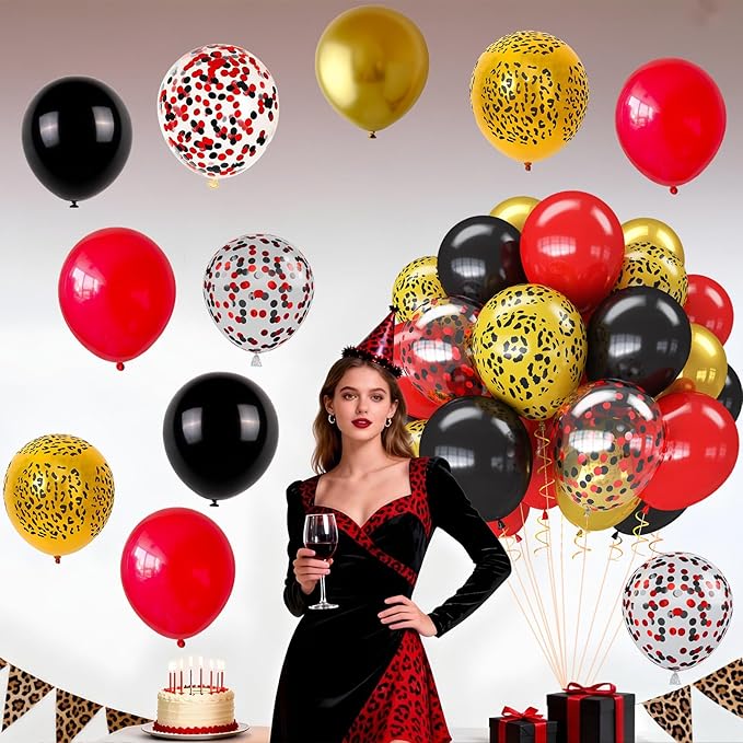 Red Black Cheetah Balloons, 60Pcs 12Inch Black Red Metallic Gold and Leopard Print Balloons with Confetti Latex Balloon for Wild Animal Jungle Safari Zoo Theme Birthday Bachelorette Party Decoration