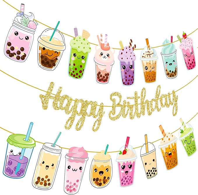 3pcs Bubble Tea Birthday Party Banners Boba Tea Birthday Decorations Gold Glitter Happy Birthday Banner Bubble Mill Tea Cutout Garlands for Baby Shower Supplies