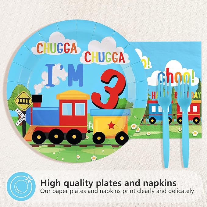 96 Pcs Train 3rd Birthday Party Decorations Chugga Chugga I'm 3 Plates and Napkins Disposable Railroad Transportation Tableware Set for Kids Train Theme 3 Years Old Birthday Party Supplies Serves 24