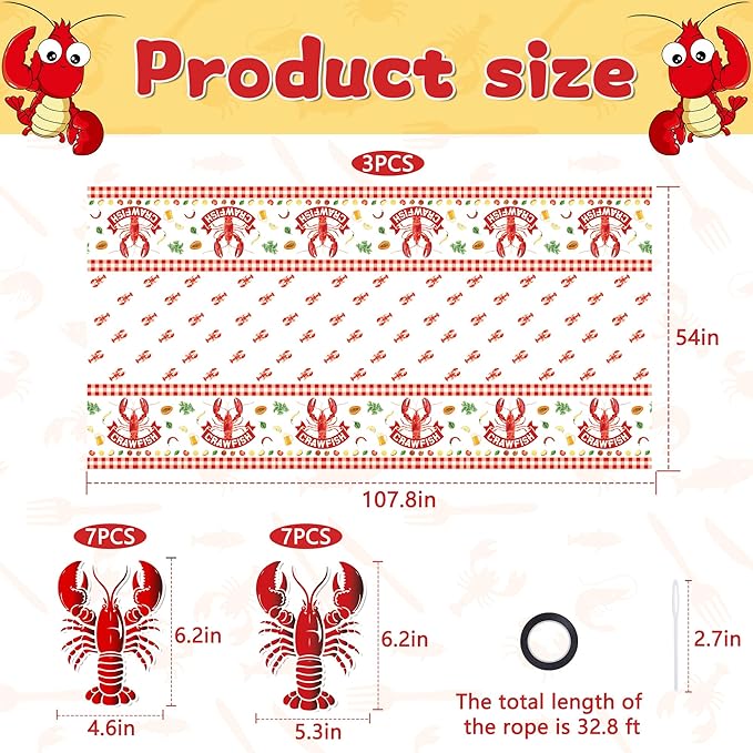 Iceyyyy 4 Pcs Crawfish Party Decorations Set-108"x54" White and Red Tablecloth & 32.8Ft Lobster Banner-Crawfish Boil Party Supplies for Birthday Party Lobster Festival Summer Barbecue Decor Supplies