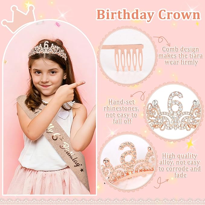 Semato 6th Birthday Decorations for Girl Sash and Crown Kit Rose Gold 6 Year Old Girl Birthday Gifts for Her Party Supplies
